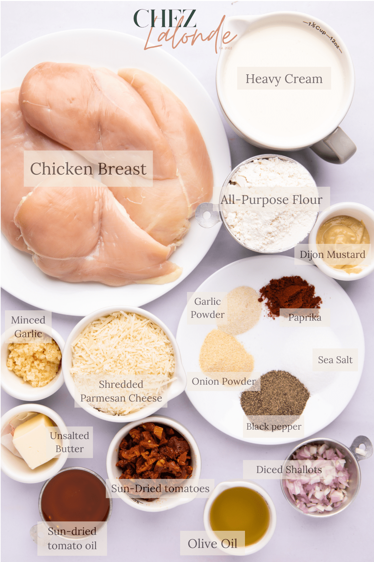 Picture of ingredients to make Pasta with Pan-seared chicken and creamy sun-dried tomato sauce 