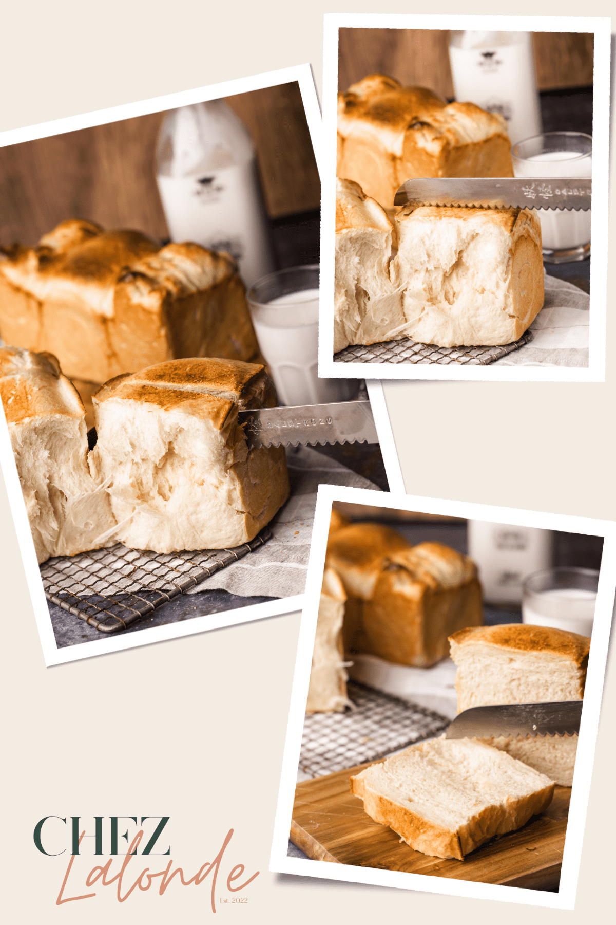 3 photos of slicing bread