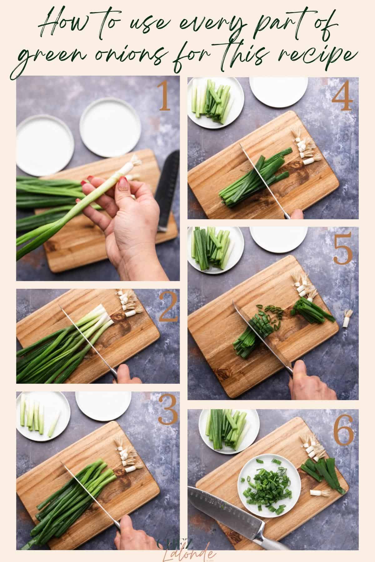 Collage of photos to show how to clean and prepare green onions.  Prepping for Taiwanese spice beef noodle soup
