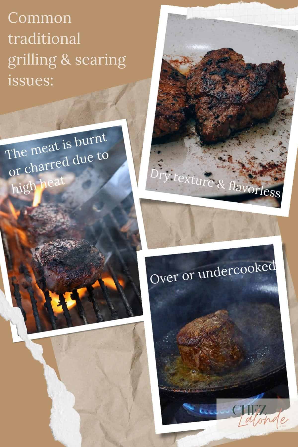 set of 3 photos showing traditional grilling or searing method can result in dry, tough and overcooked steaks.