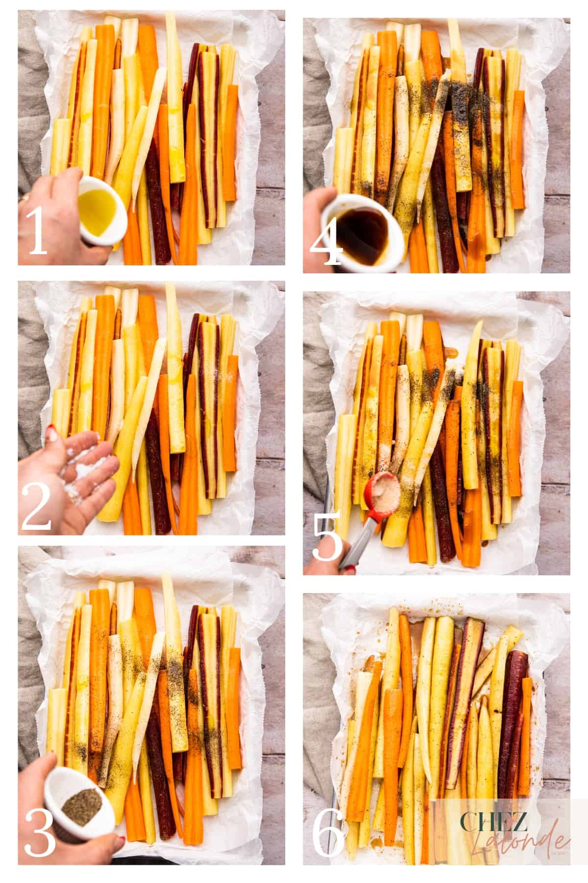 A step by step demonstration on how to season rainbow carrots and prep for roasting. 