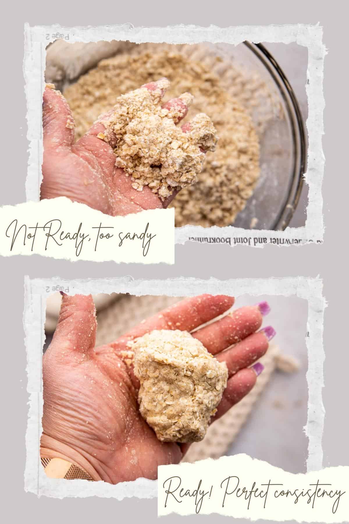 Two pictures of a woman holding oatmeal toppings in her hand.