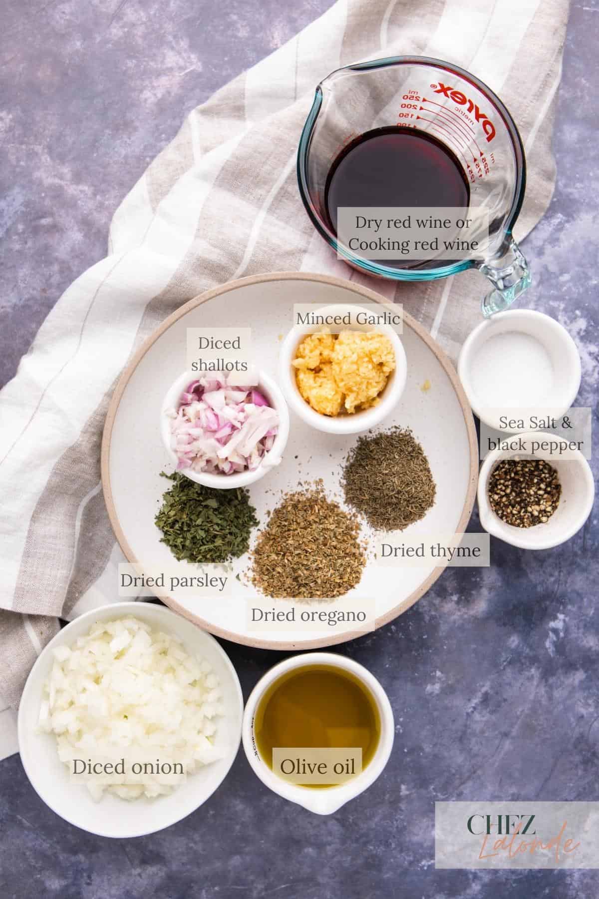 Ingredients on how to make Red Wine and herbs marinade 