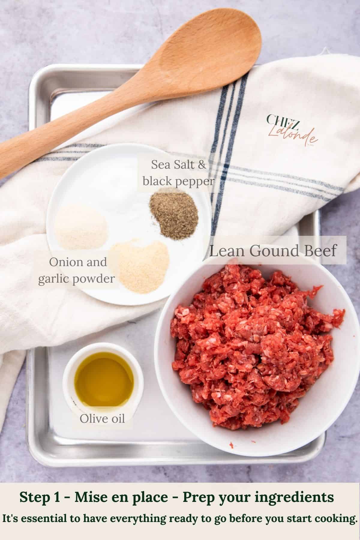 A list of ground beef and seasonings for marinating for the sauce. 