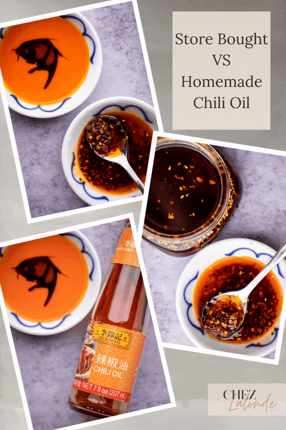 A picture showing the difference between homemade chili oil VS store bought chili oil. 