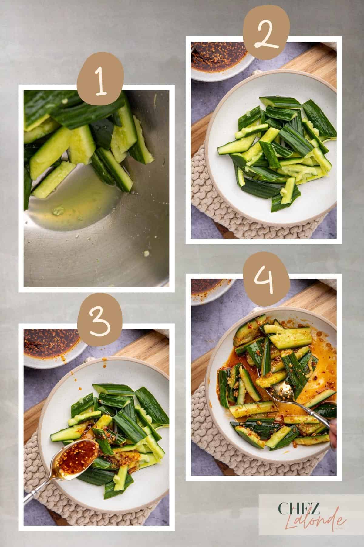 Steps to assemble Asian Cucumber salad. 
