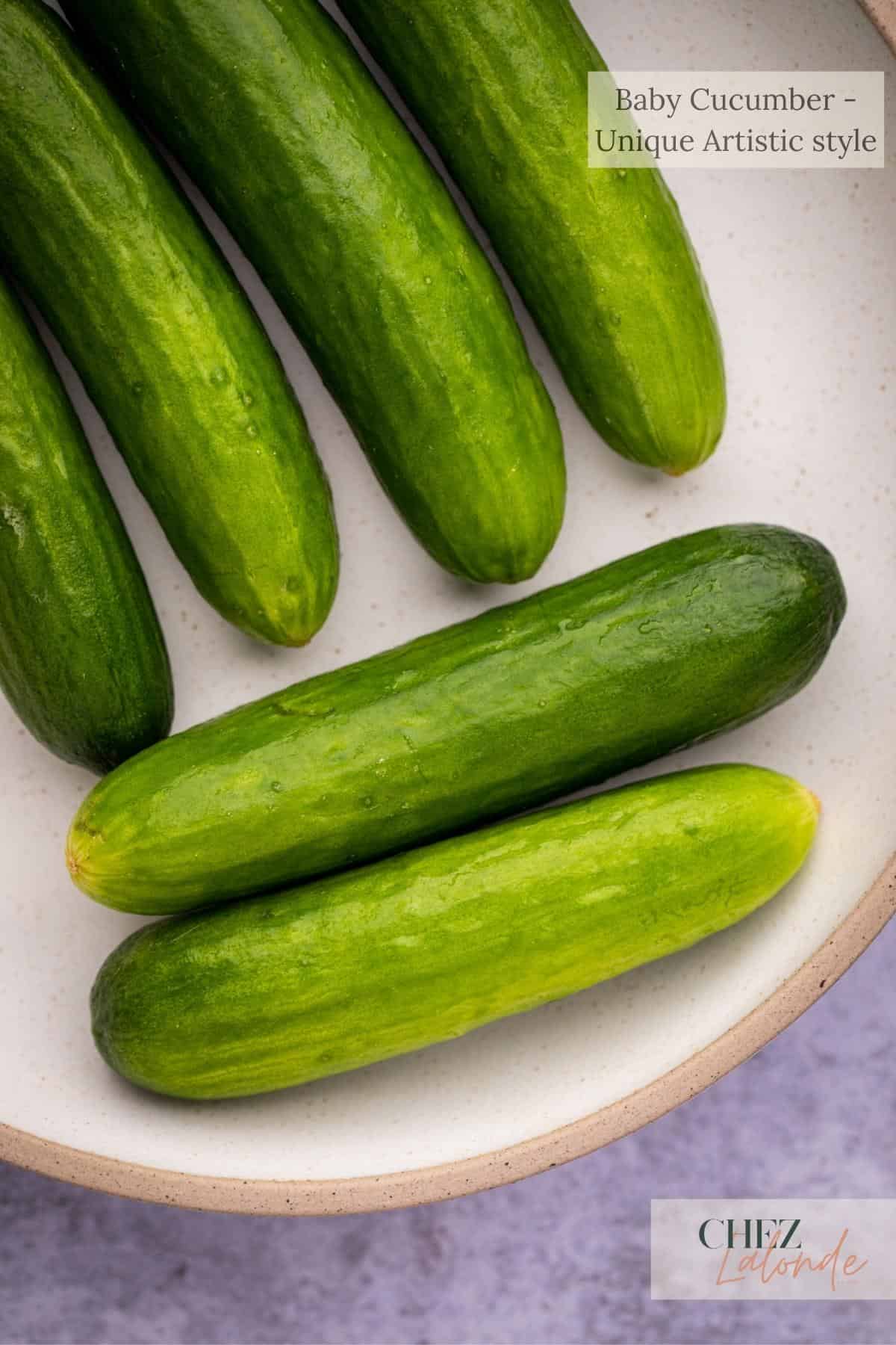 6 Baby Cucumbers in a white round bowl.