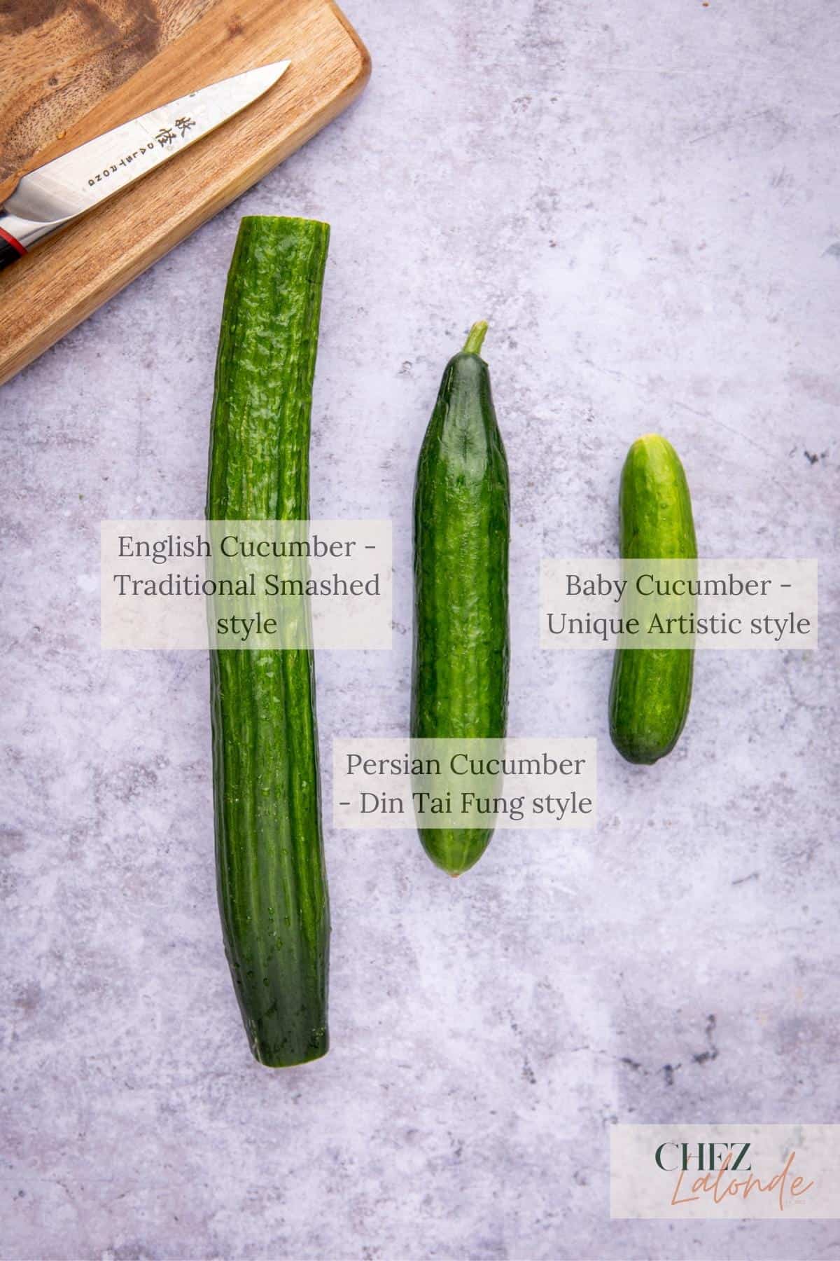 In this picture I am showing 3 different varieties of Cucumber.  From left to right we have English Cucumber, Persian cucumber and baby cucumber. 