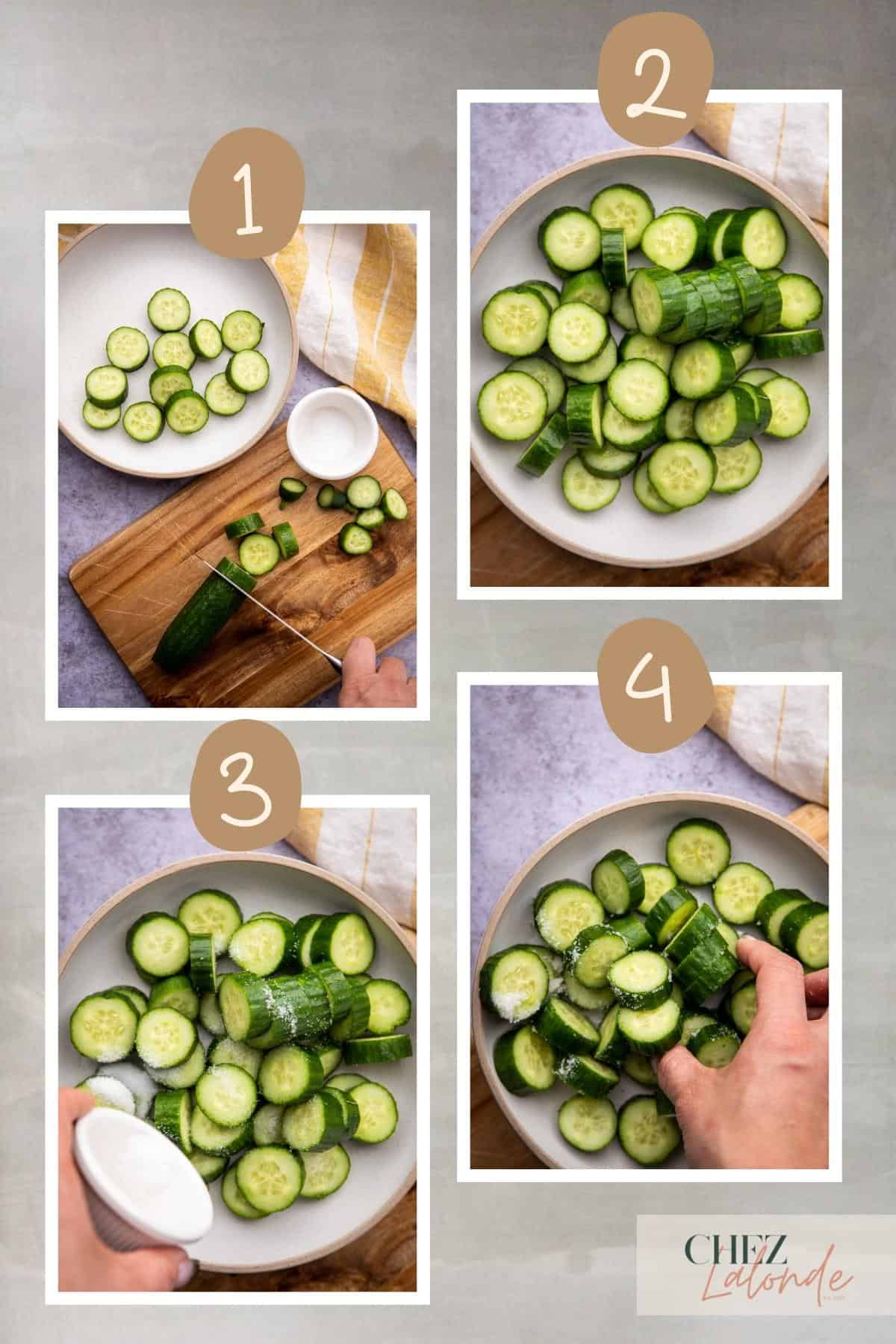 4 steps photo on how to prepare asian cucumber salad with Persian cucumbers.