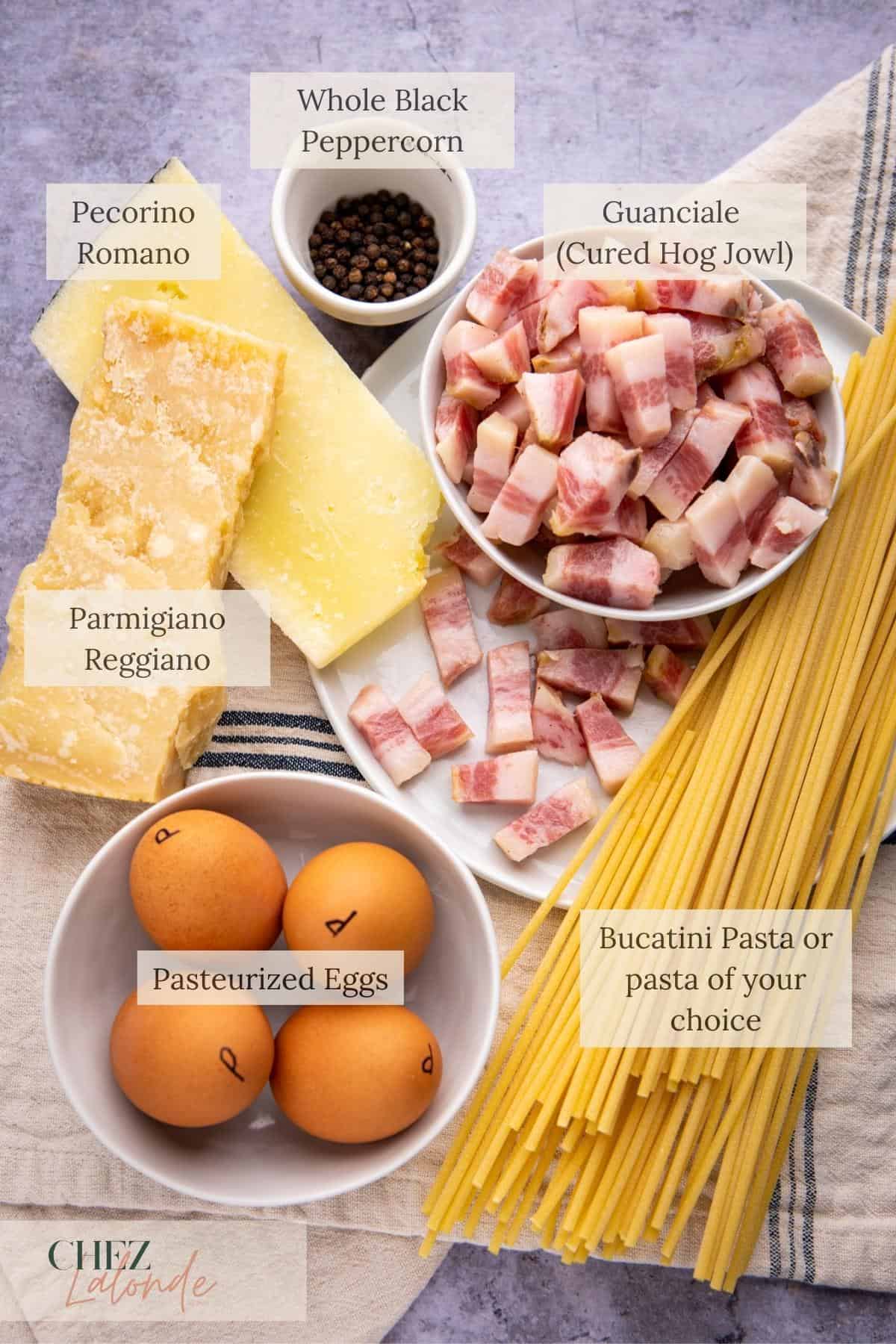 Italian Carbonara Pasta Ingredients. We have Pasta, eggs, guanciale, black peppercorn, Pecorino Romano and Parmigiano Reggiano cheese. 