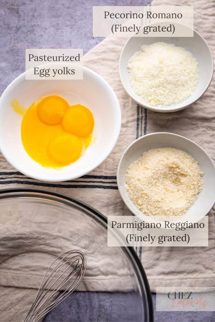 ingredients to make carbonara egg and cheese sauce. 
