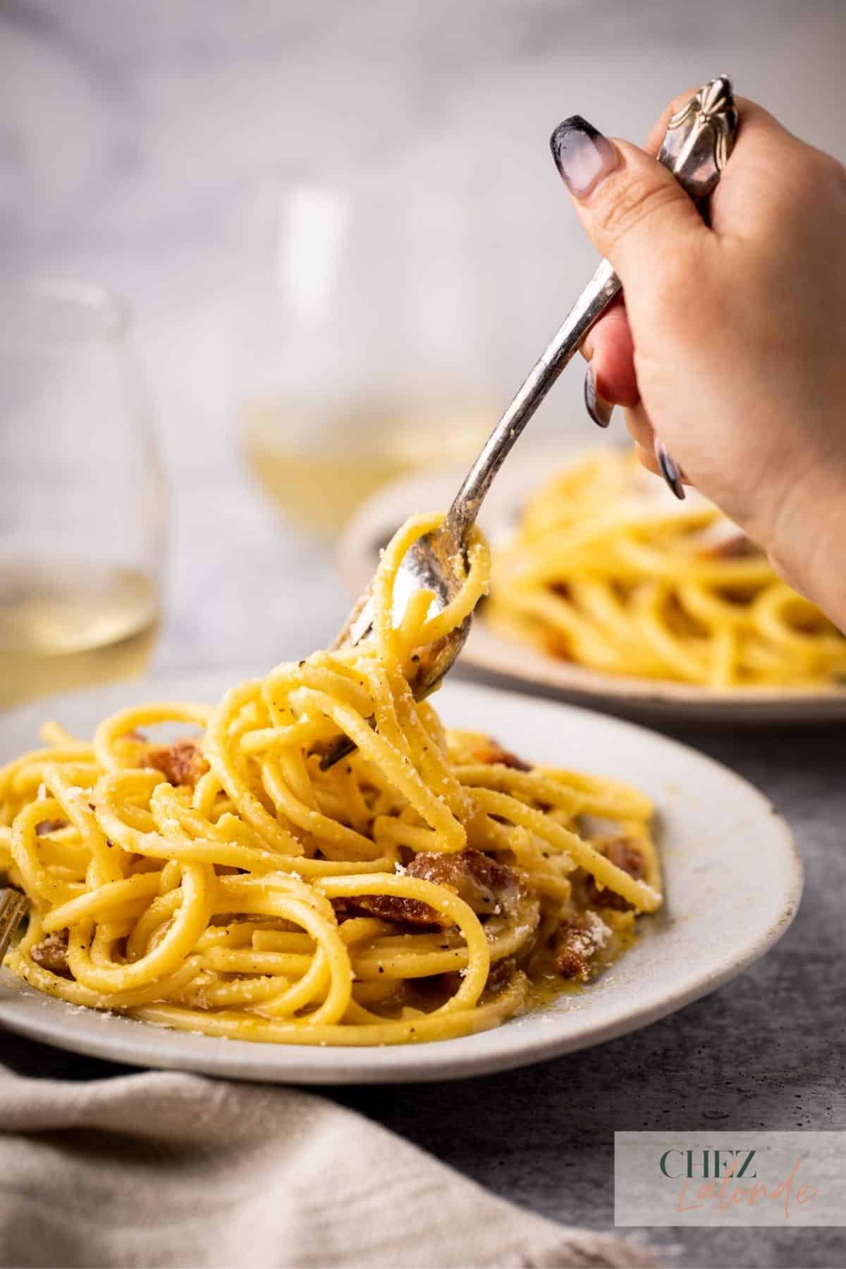 A hand is using a fork to pick up some Carbonara pasta. 