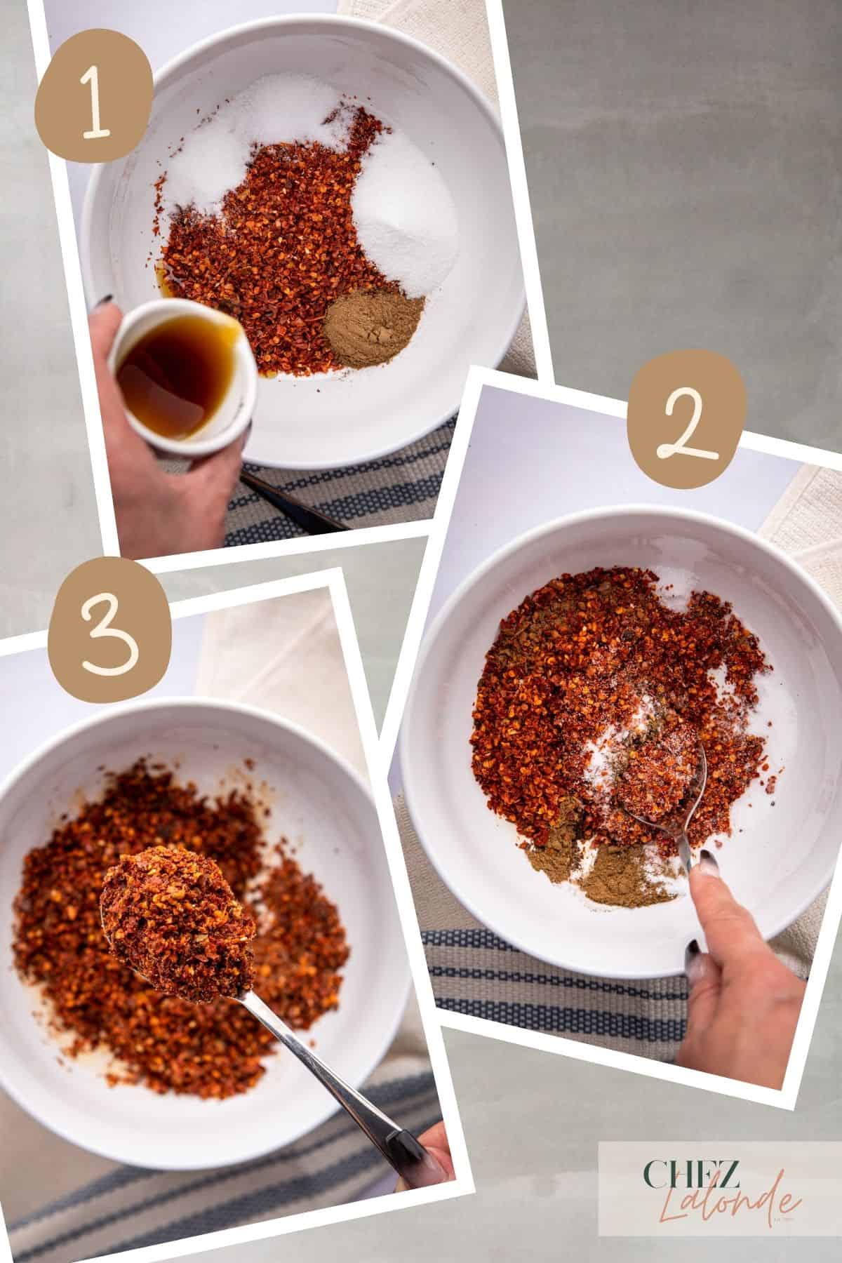 Step-by-step photos of mixing Sichuan pepper flakes, sugar, salt, and sesame oil in a separate bowl. 