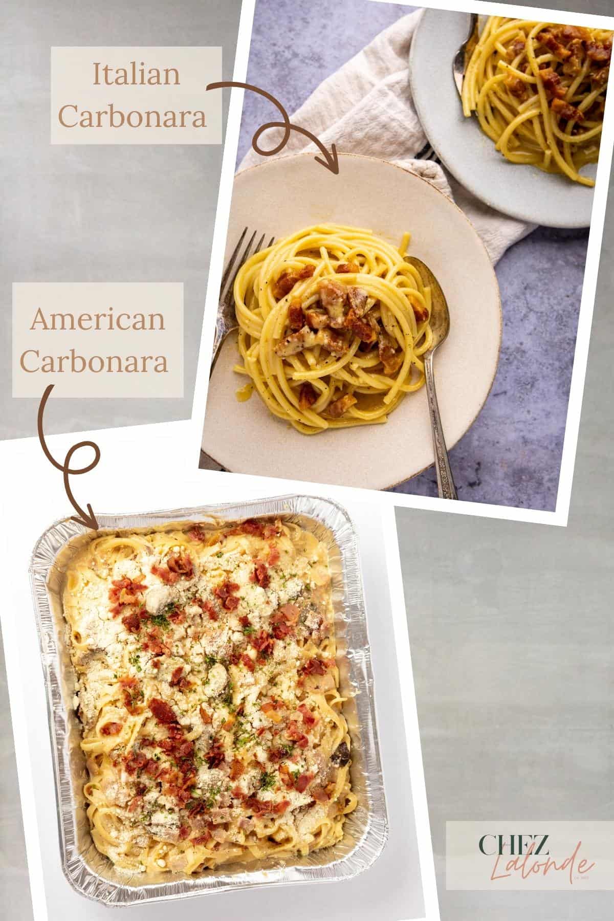 2 pictures to compare the difference between American and Italian Carbonara Pasta.