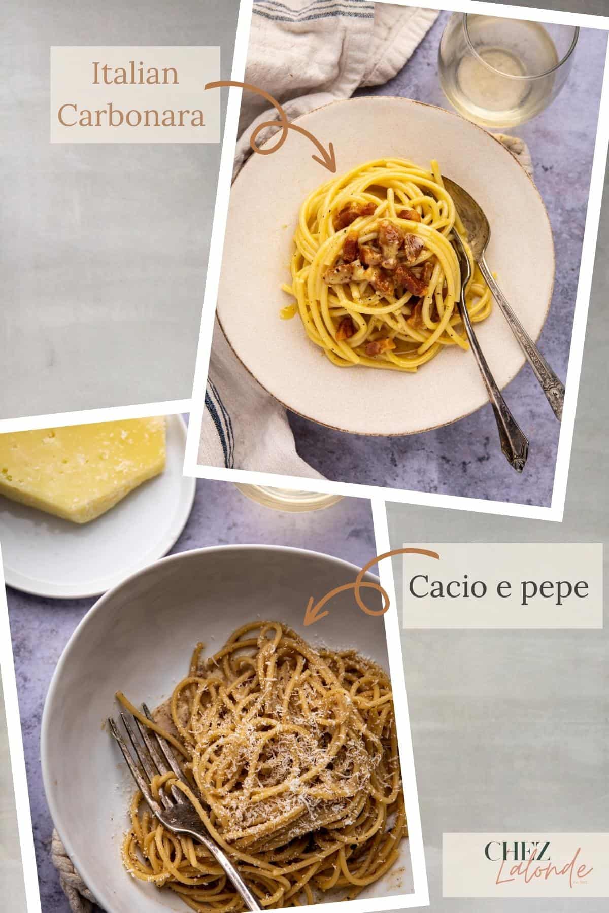 A plate of Carbonara pasta on the top right corner and a plate of cacio e pepe pasta on the lower left corner. 