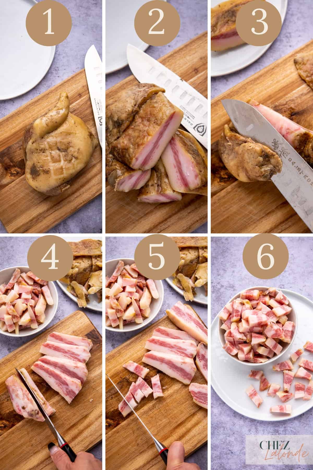 Steps on how to trim and prepare guanciale for this pasta. 