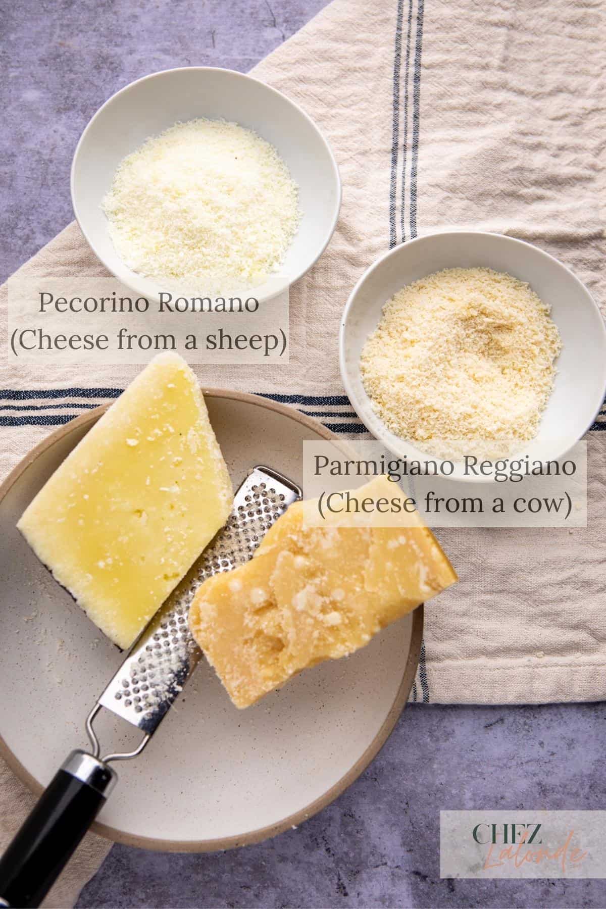 2 Pecorino Romano and Parmigiano Reggiano cheese blocks and 2 bowl of grated cheese.
