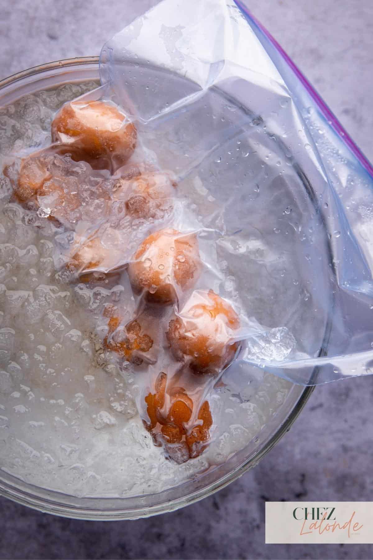 Pasteurize eggs in ice bath. 