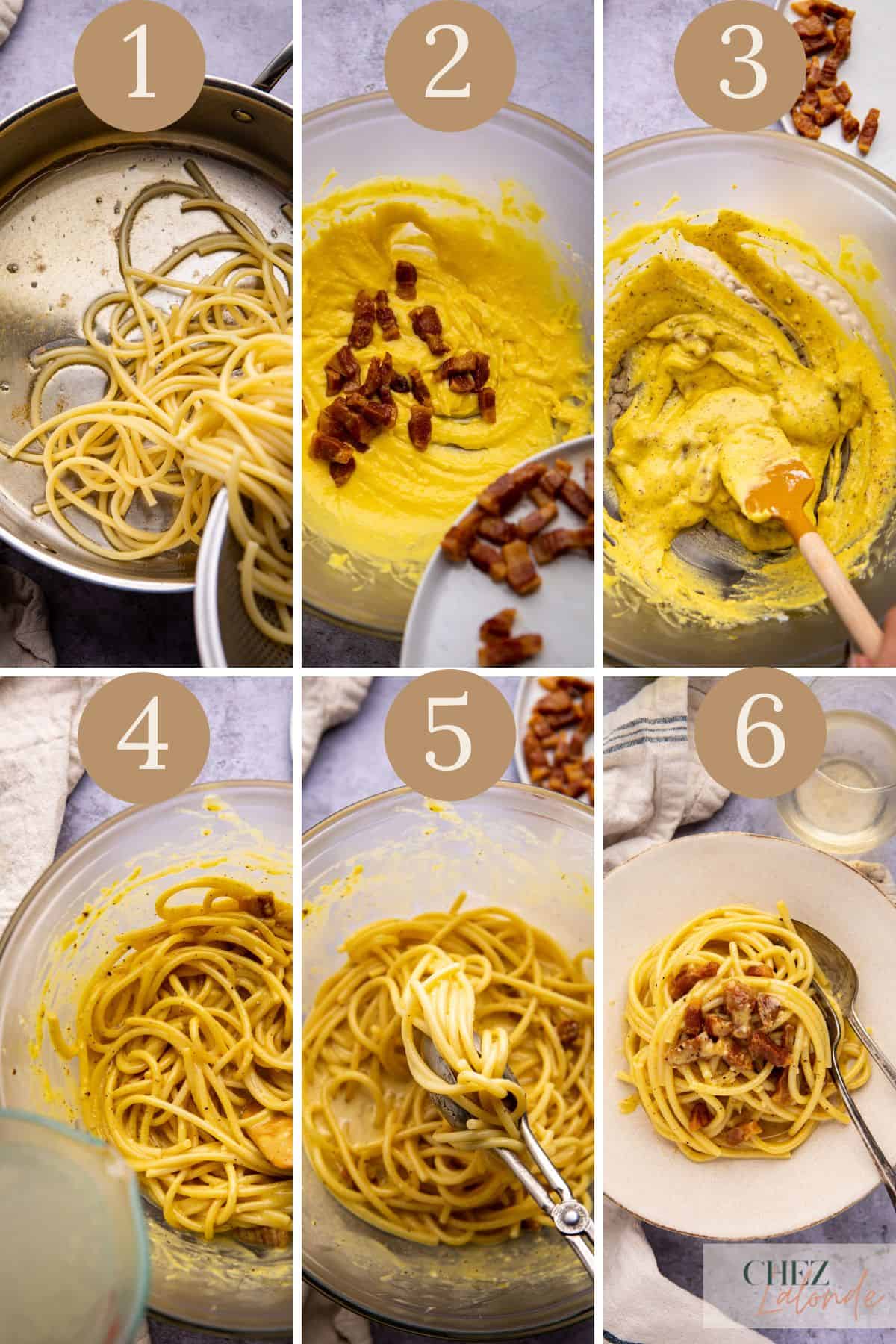 6 step process on assembling carbonara pasta. 