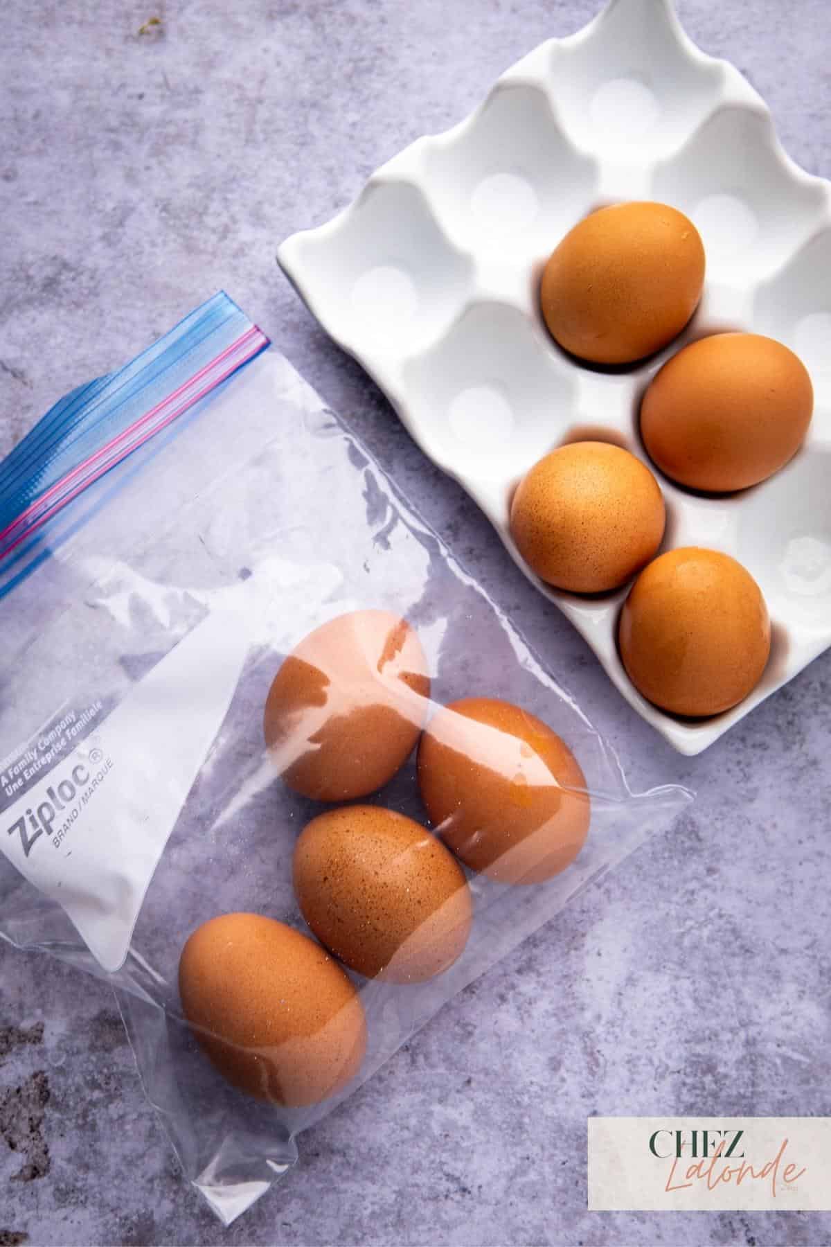 Raw eggs on egg tray and inside ziploc bag. 