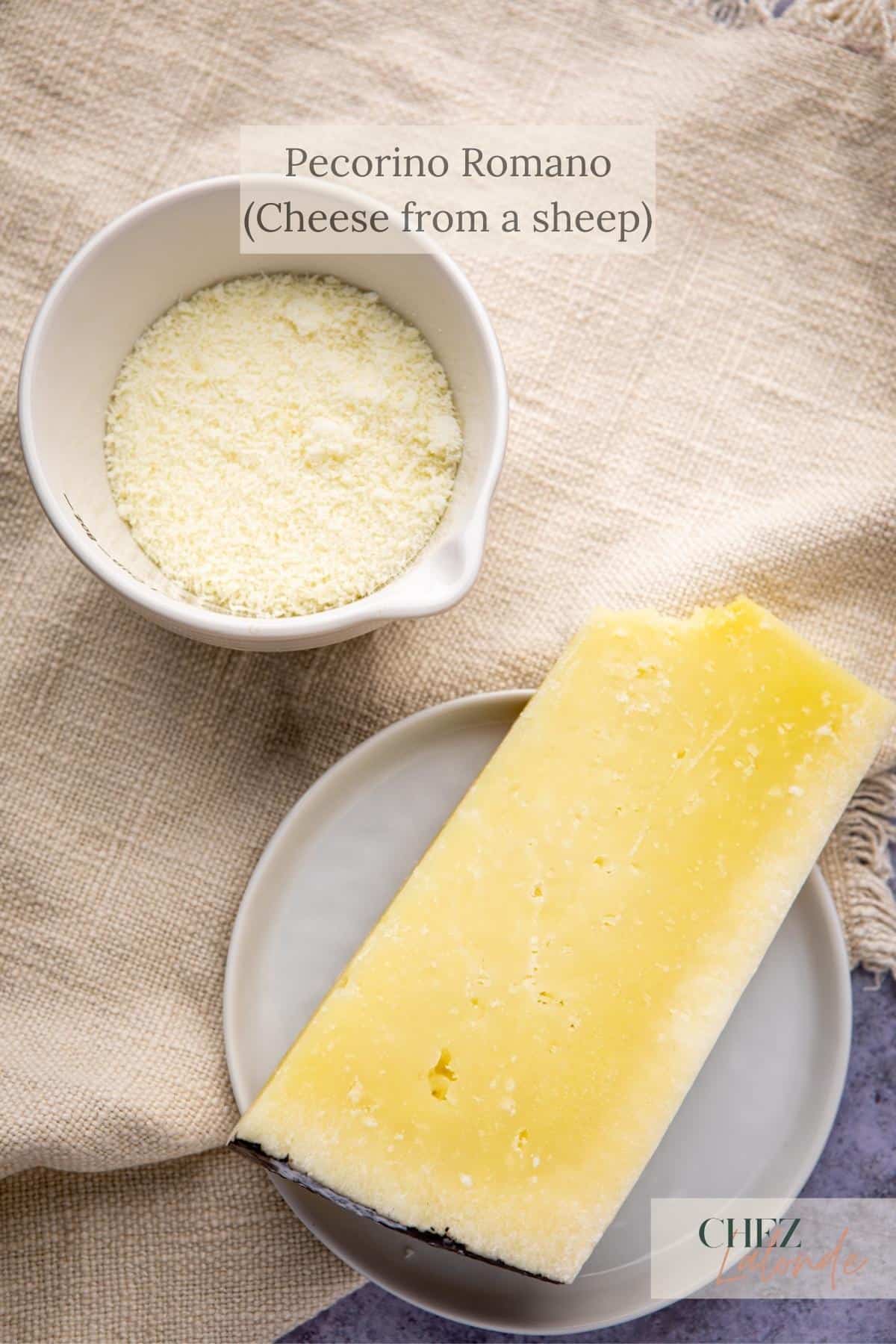 A block of pecorino Romano cheese and a bowl of grated pecorino romano cheese. 