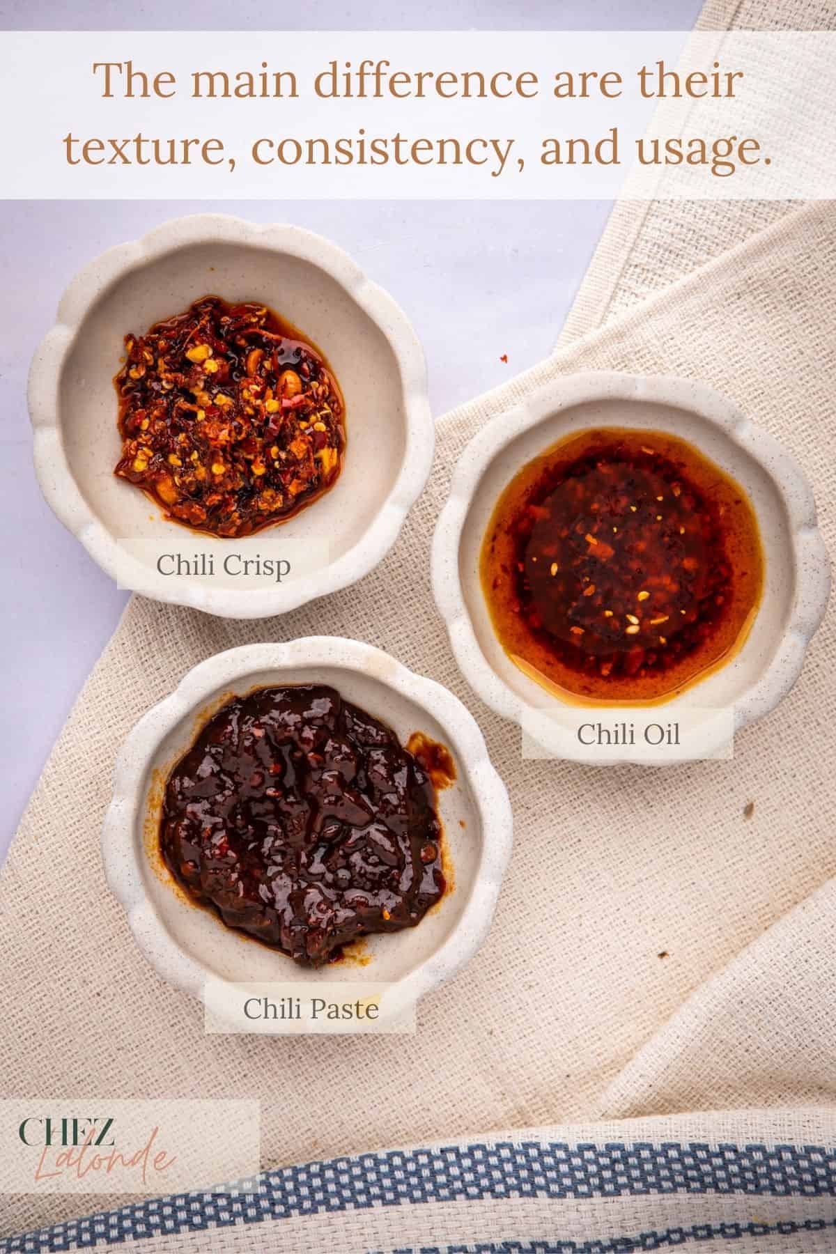 3 small saucer with Chili Oil, chili paste, and chili crisp to show readers the difference between their texture, consistency, and usage. 