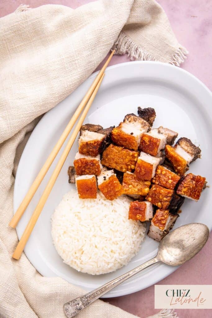 Crispy air fryer Cantonese-style pork belly served with white rice.