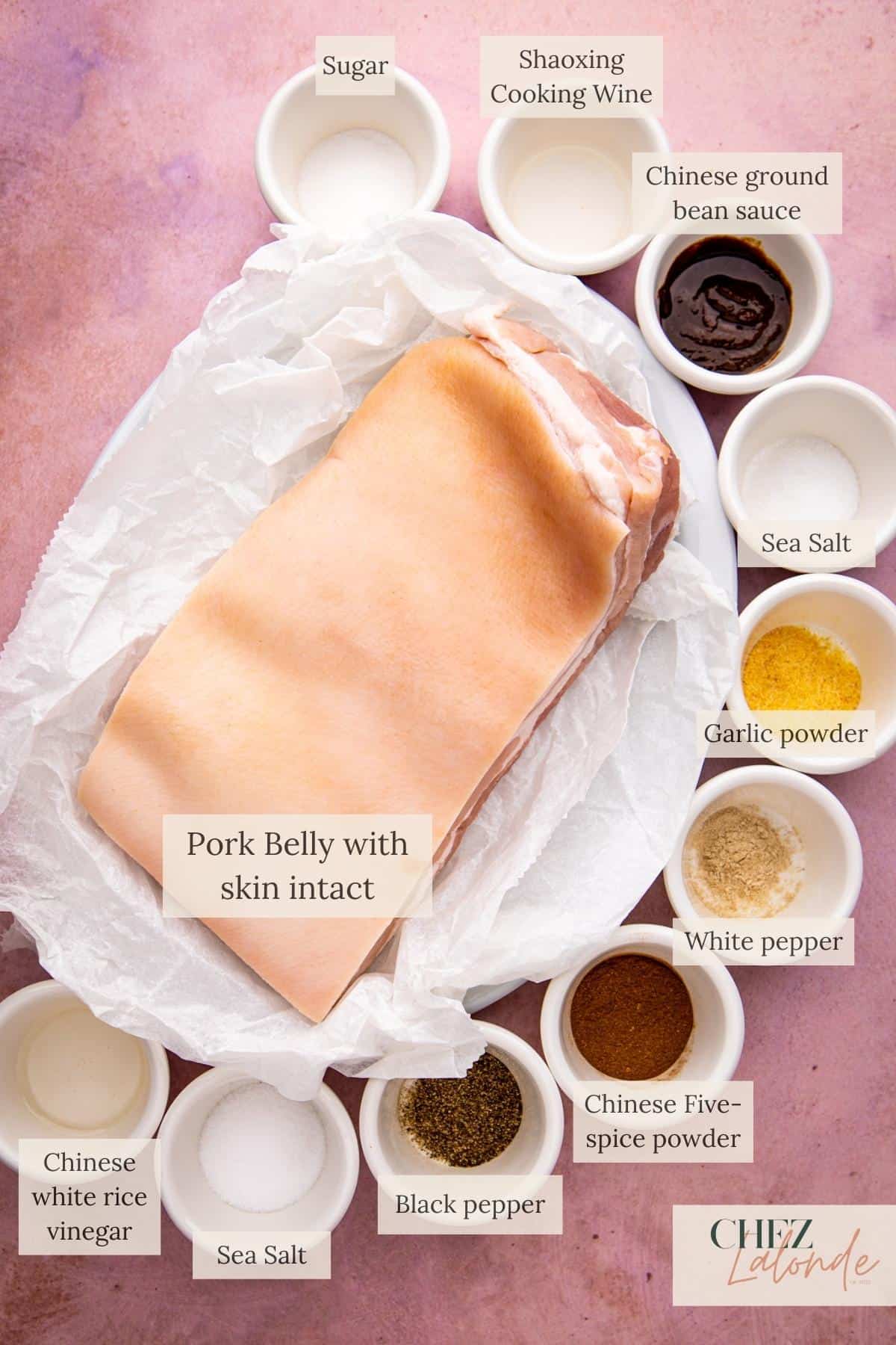 Crispy Cantonese style pork belly detailed main ingredients list.