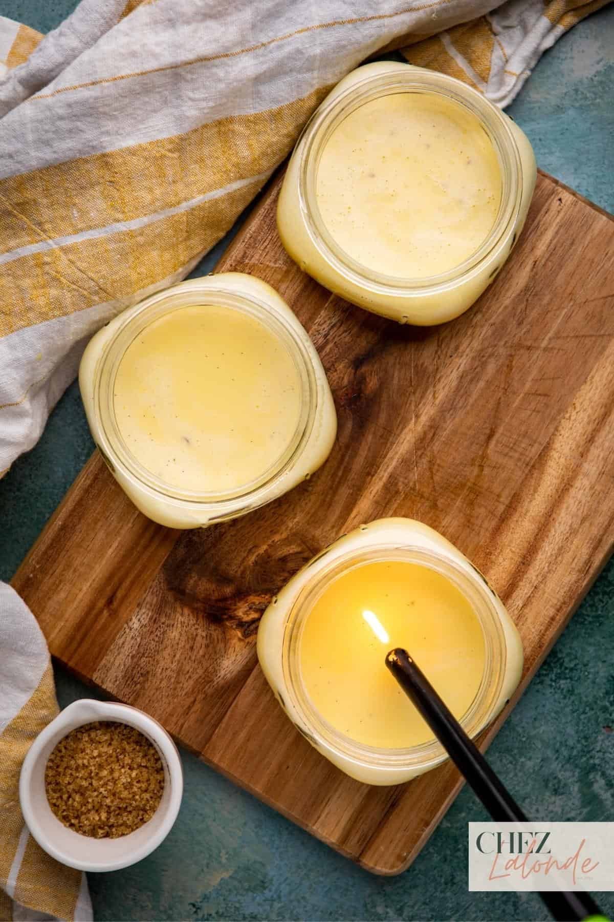 Use a lighter to smooth out bubble on the custard surface. 