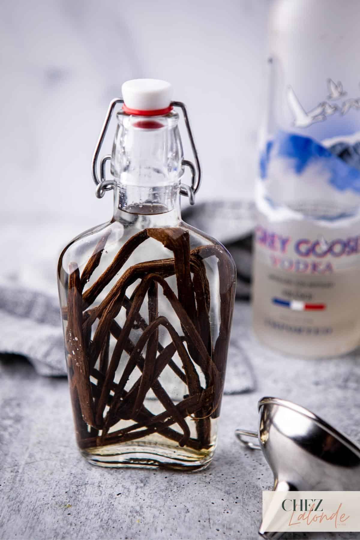 Bottle of homemade vanilla extract with bottle with vodka and vanilla beans.