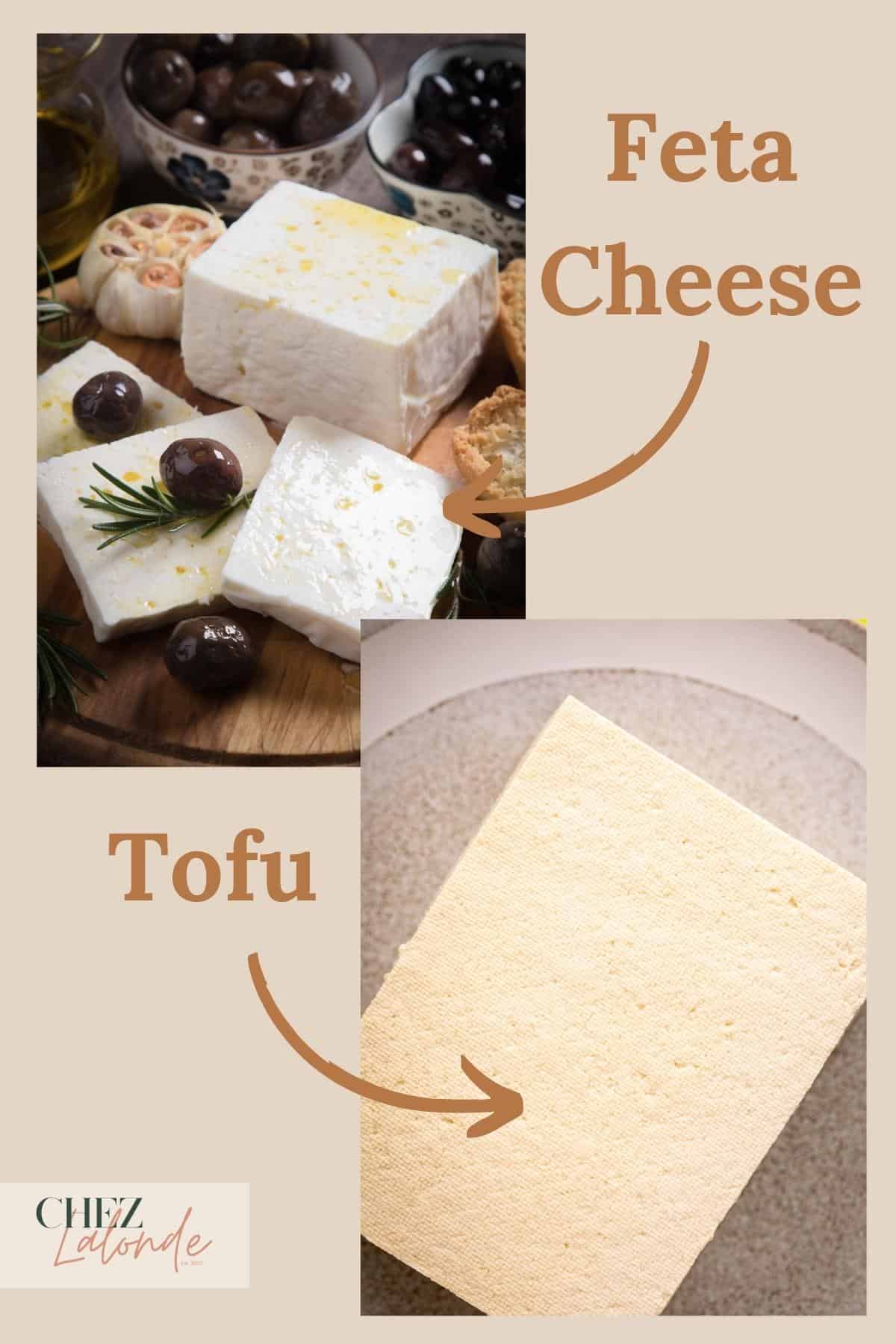 A photo comparison of Tofu and Feta cheese. 
