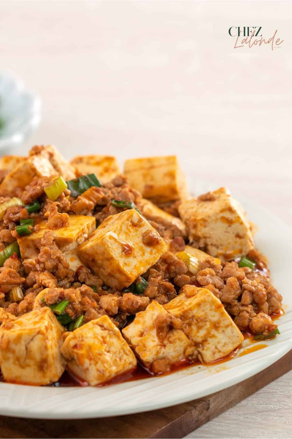 A plate of Chinese stir-fried Mapo tofu. 