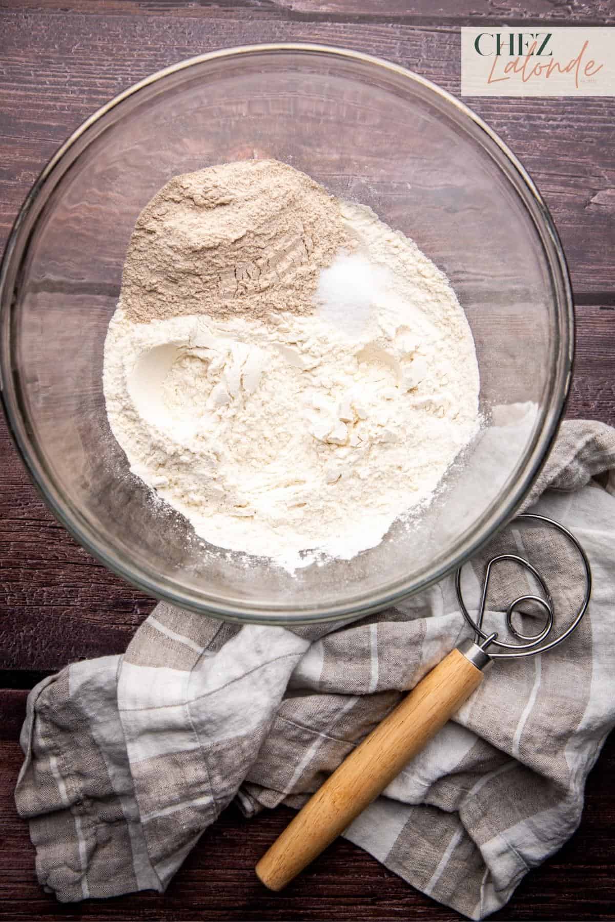 Combine ½ cup of whole wheat flour, 2 1/3 cups of all-purpose flour, 1 teaspoon of sea salt.