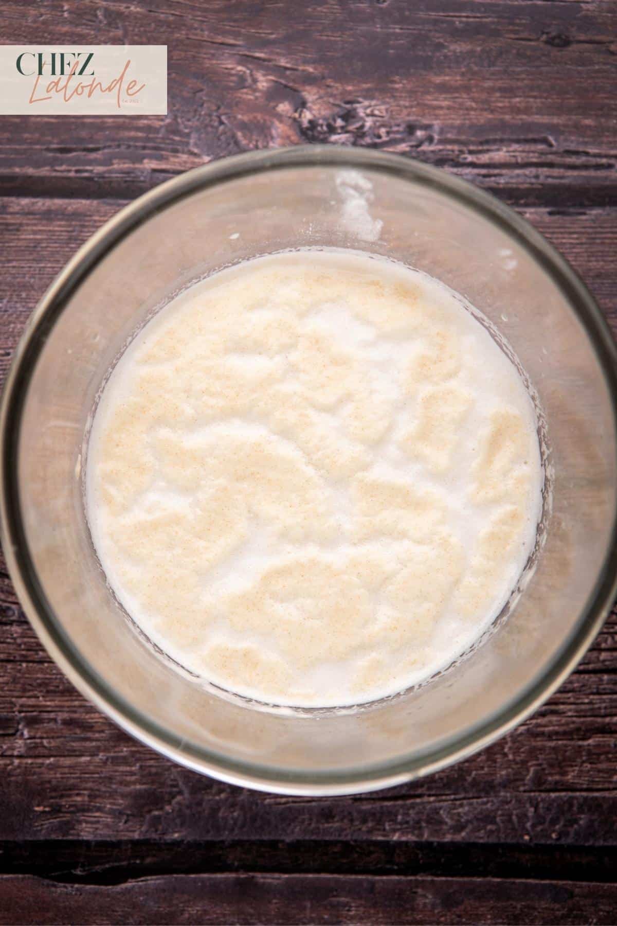 A bowl of flour and yeast mixture is activated.