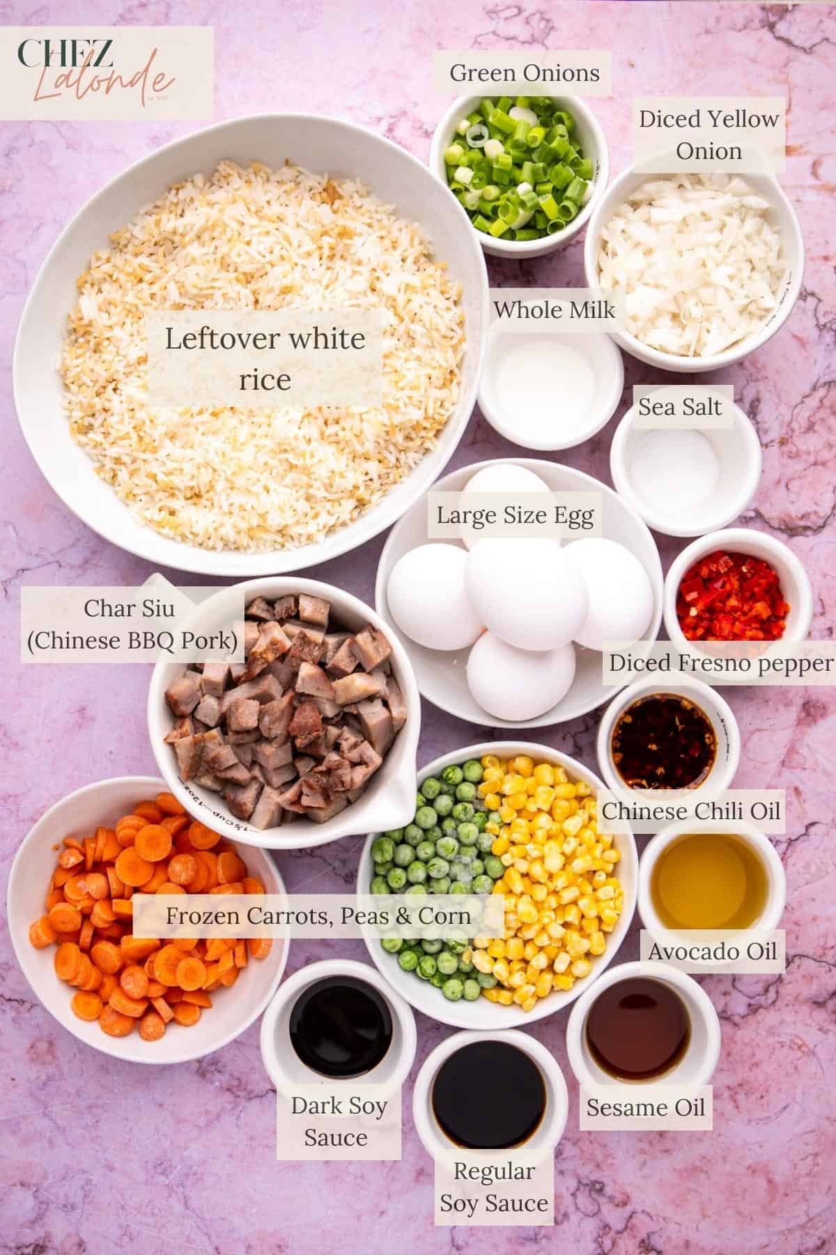 A list of ingredients to make Chinese Char Siu Fried Rice. 