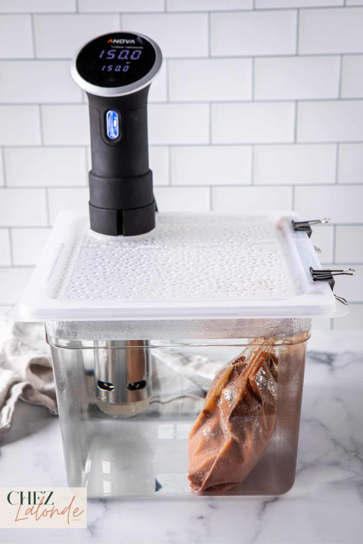 Clip the bag to the container's side, and Sous Vide cooking for at least 4 but no longer than 6 hours.