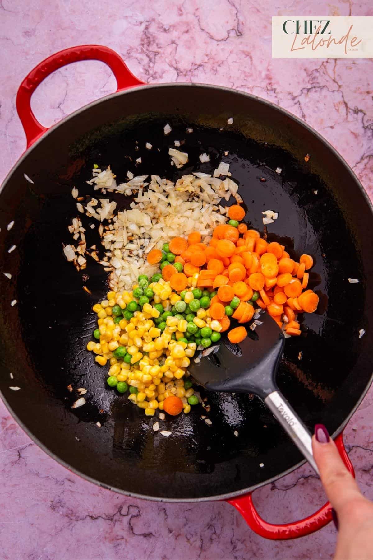 Mix in the frozen vegetables and stir-fry for another minute.