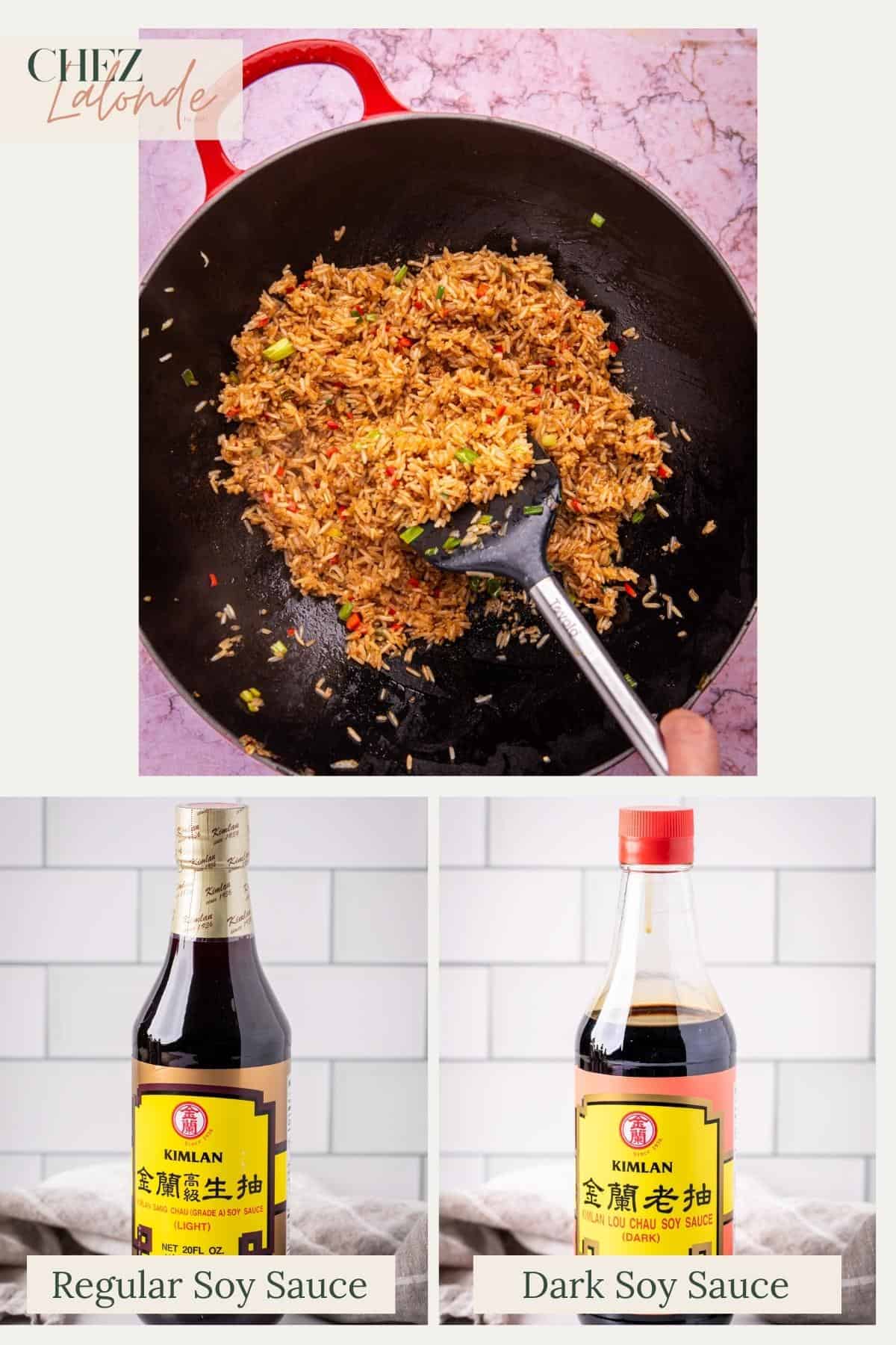 A photo showing how Chinese fried rice get the color and flavor.  Showcasing the dark and regular soy sauce to readers so they know the difference. 
