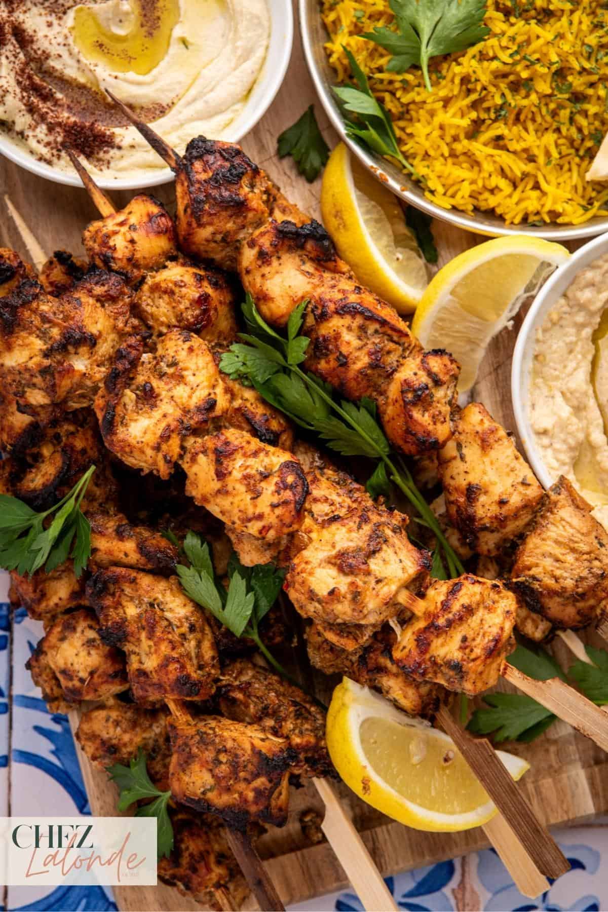 Close up picture of shish tawook skewers. 