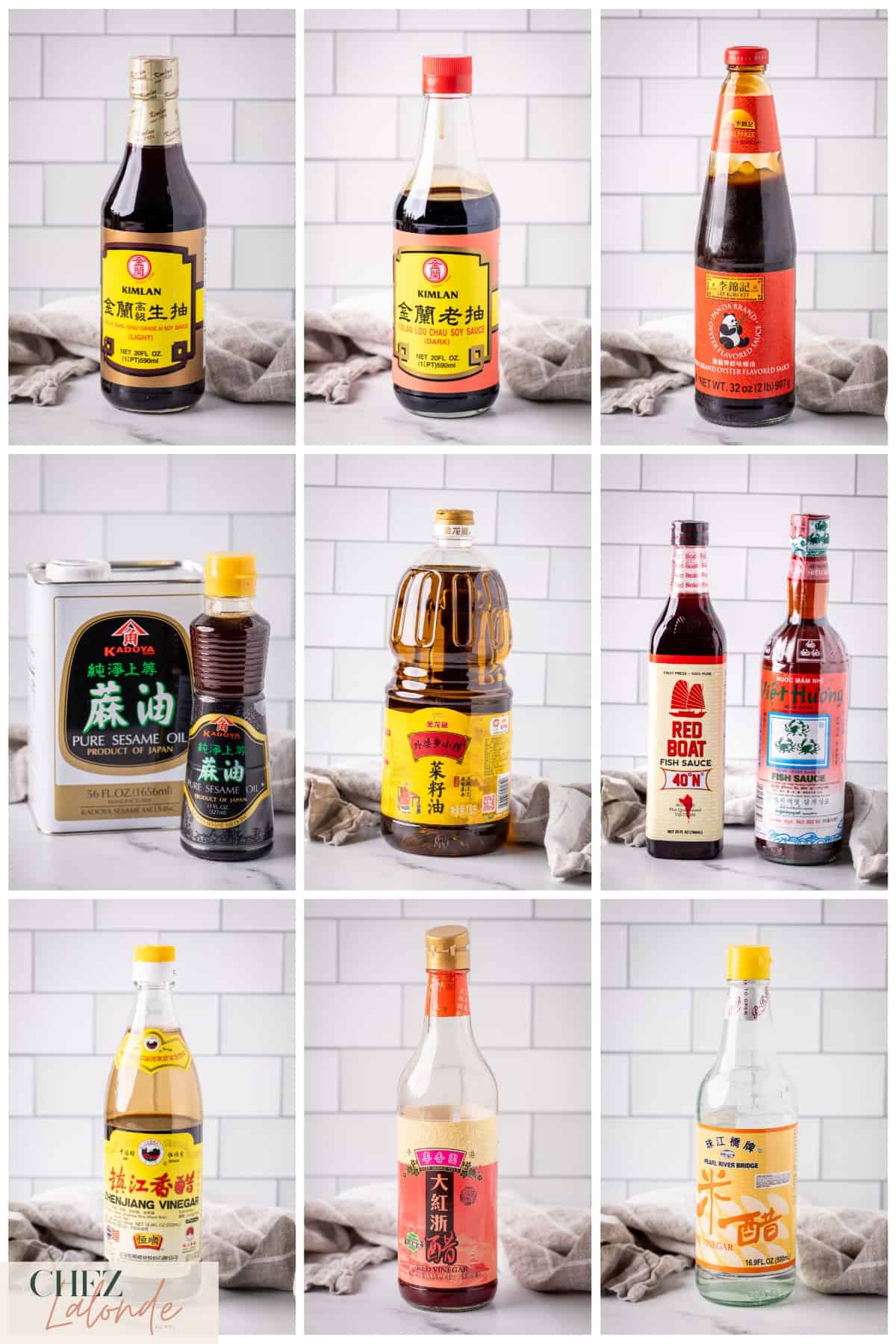 A group of 9 different Chinese condiments and sauces that were showcasing in this post. 